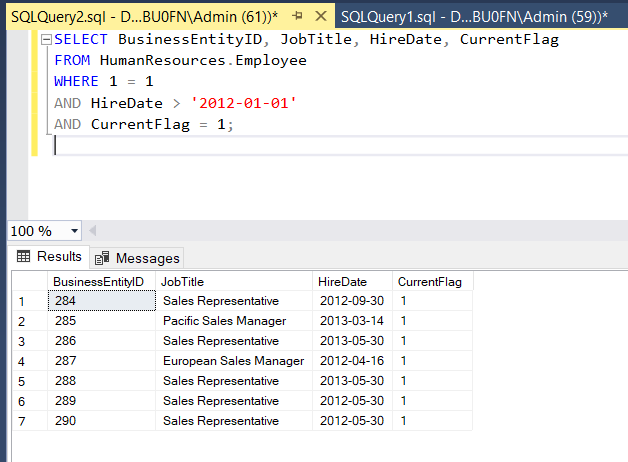 SQL Server WHERE 1=1 Example using AdventureWorks2019 tables