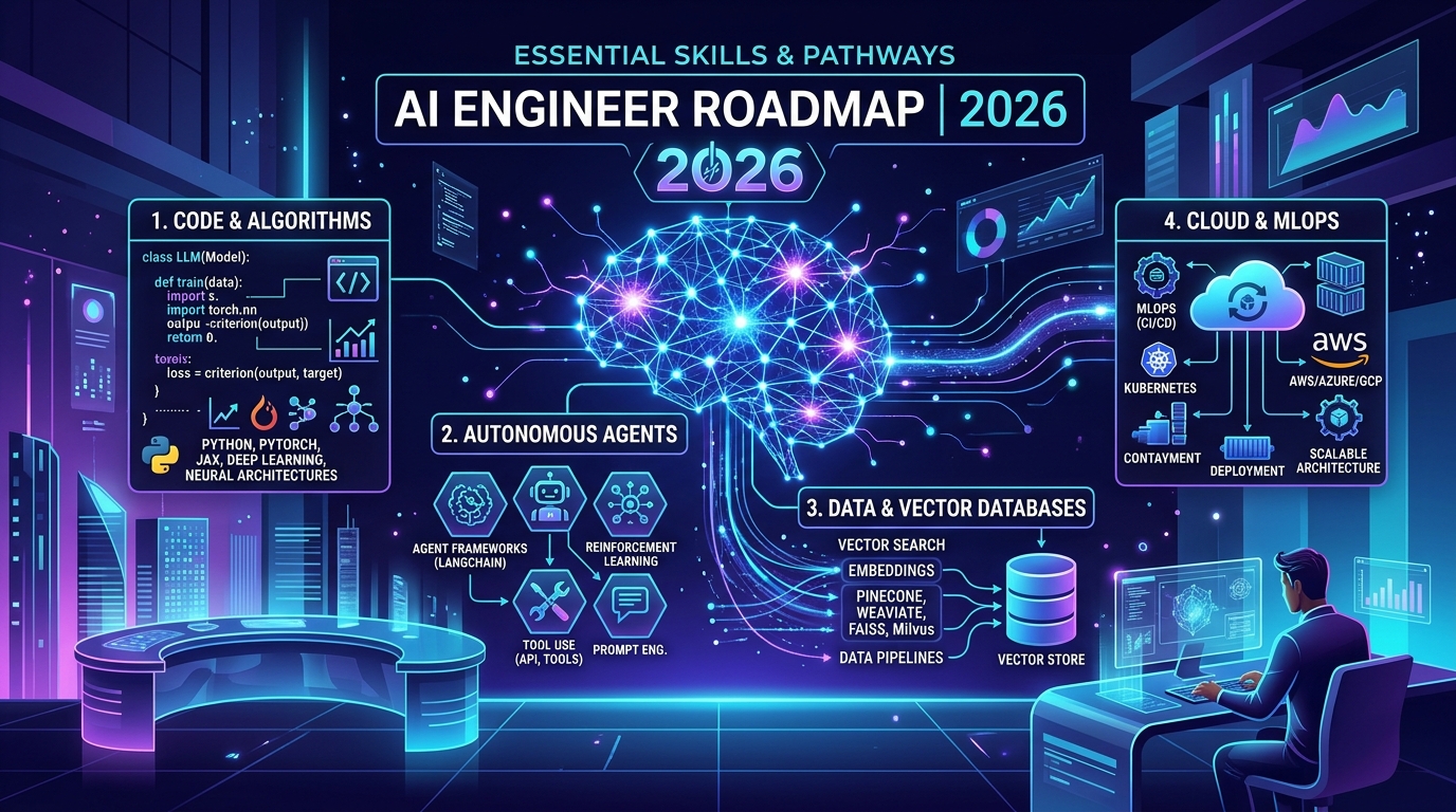 AI Engineer Roadmap 2026 illustrating coding, autonomous agents, vector databases, and cloud MLOps